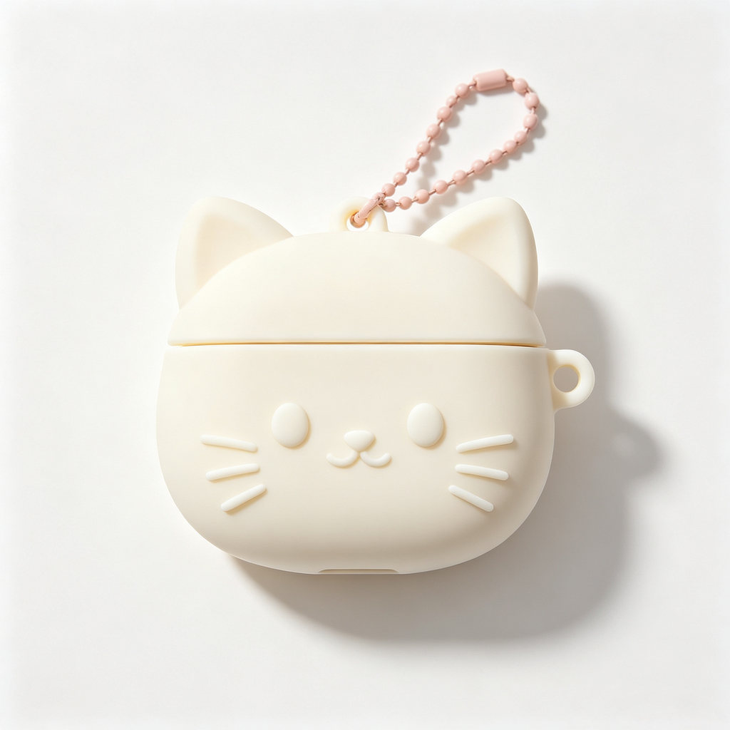 Cream White 3D Cat Silicone Earbud Case
