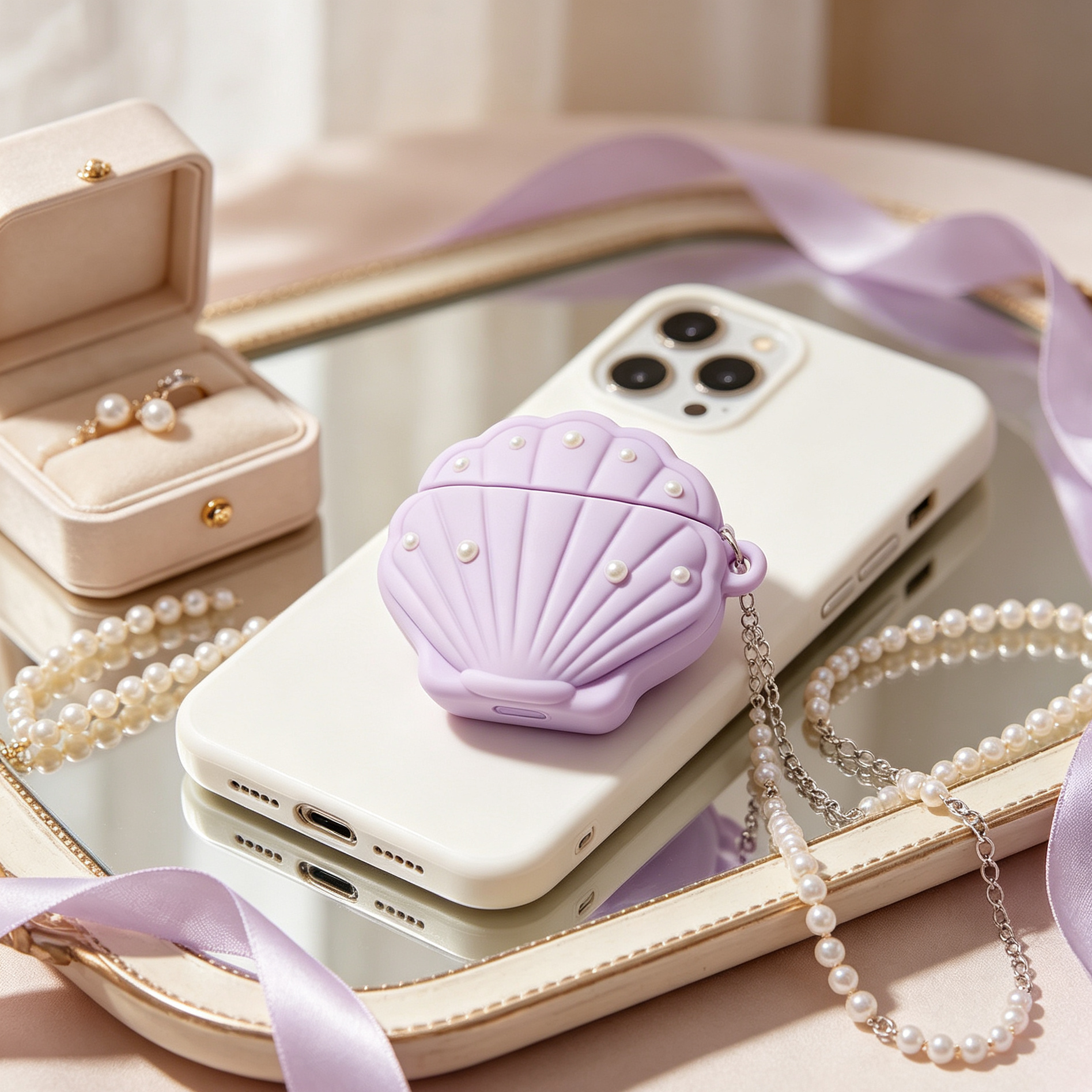 Lavender Pearl Shell Silicone Earbud Case