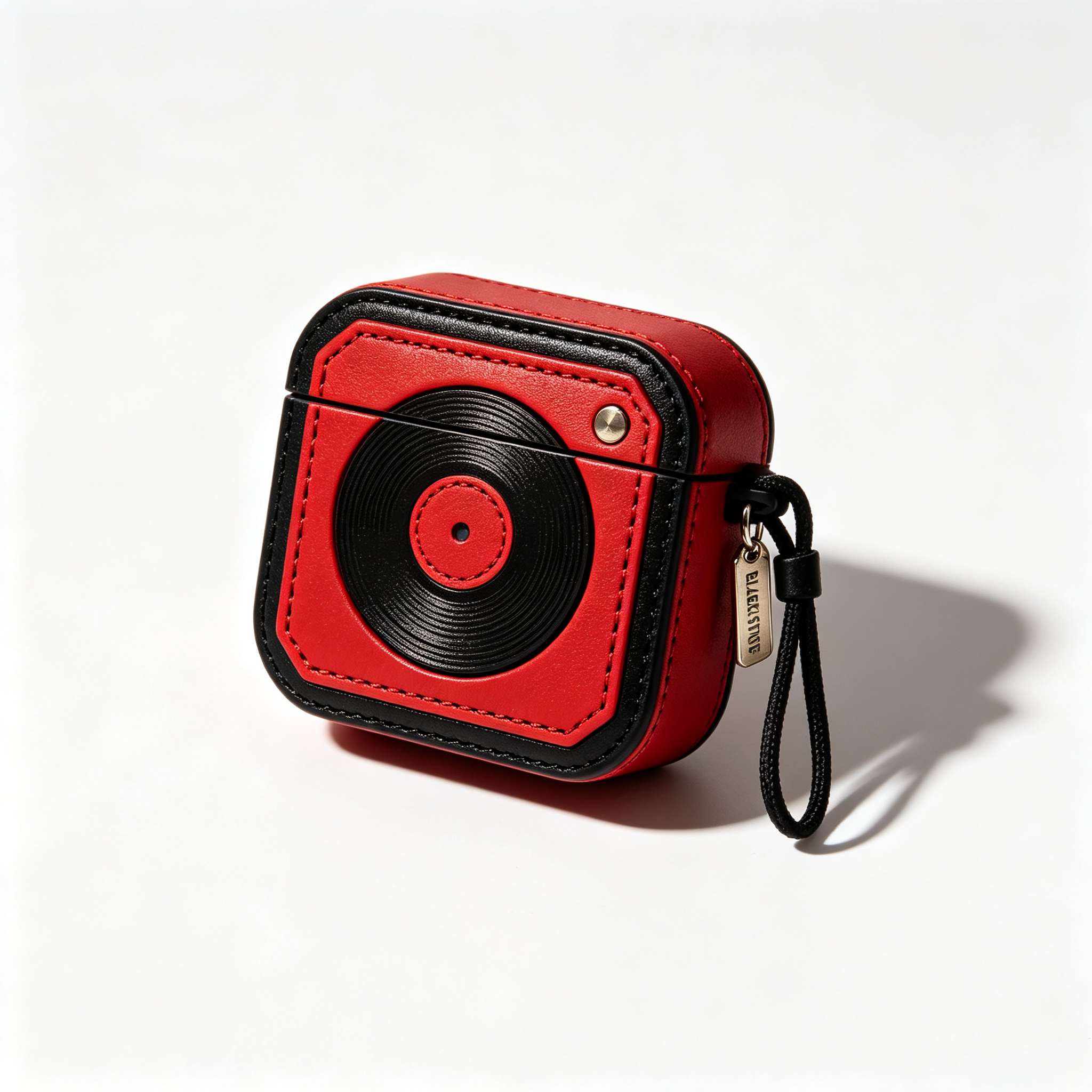 Red Black Vinyl Record Leather Earbud Case