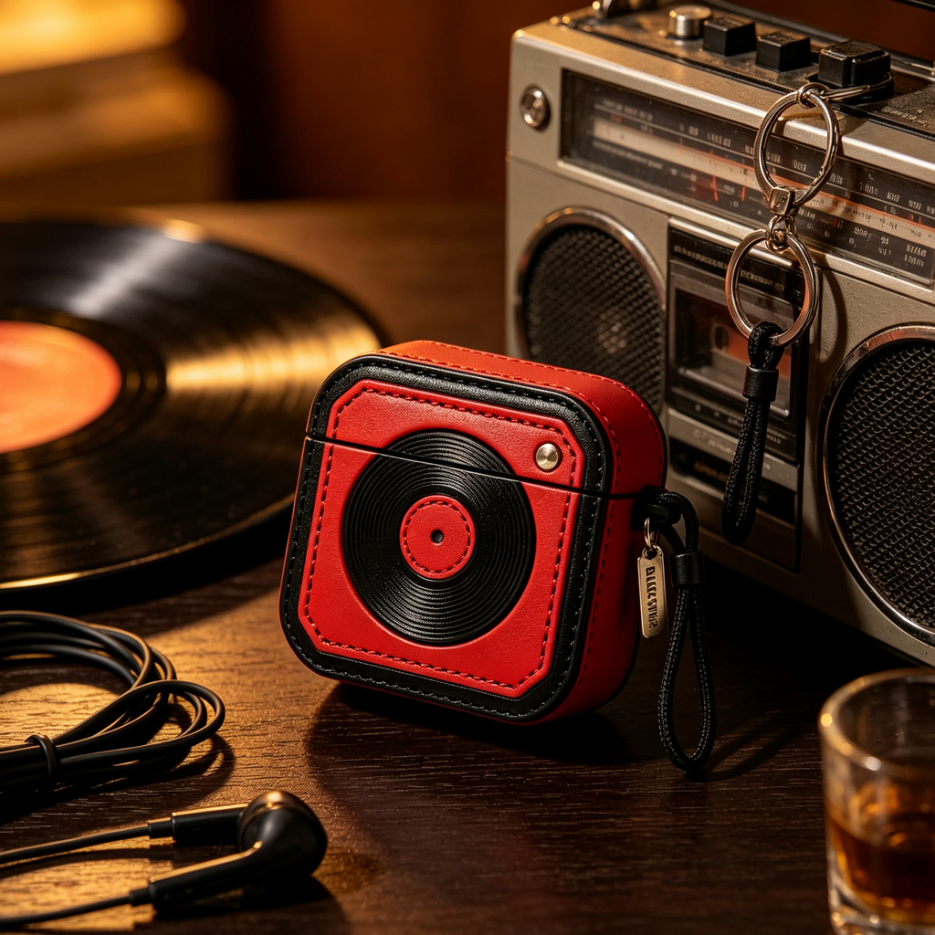 Red Black Vinyl Record Leather Earbud Case