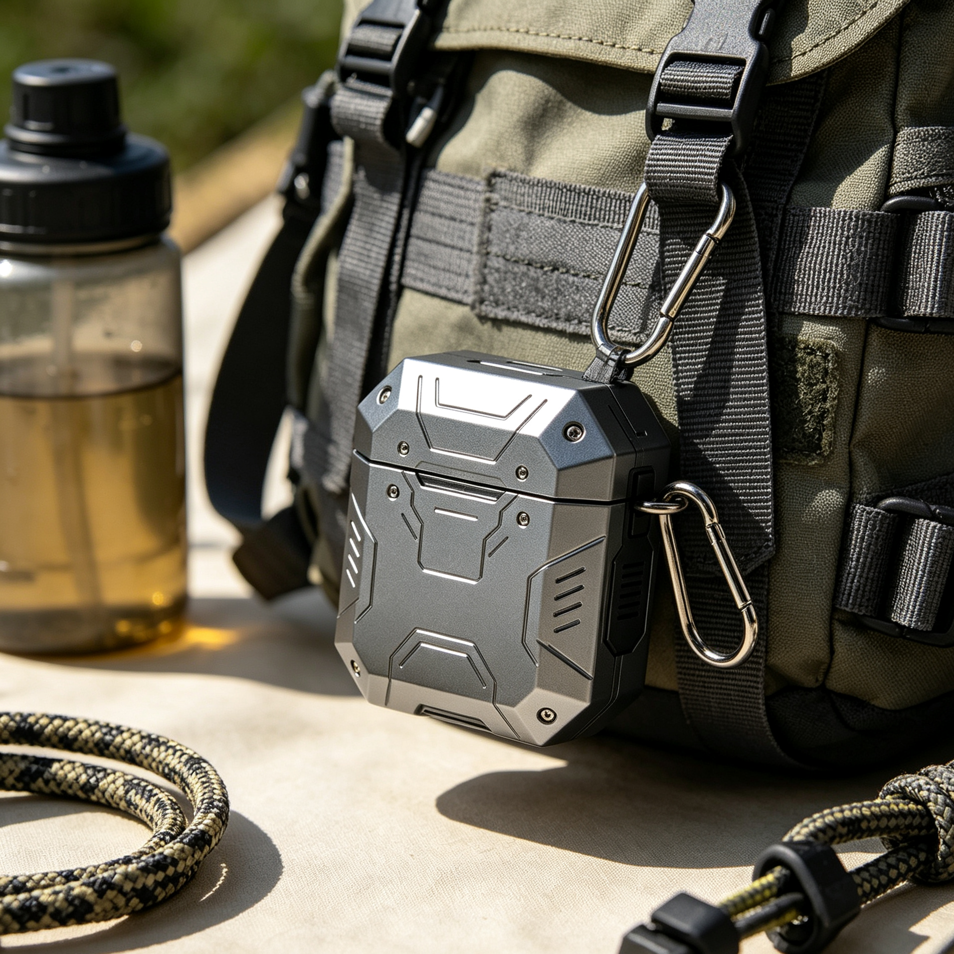 Mecha Armor Hard Shell Earphone Case with Metal Carabiner Clip