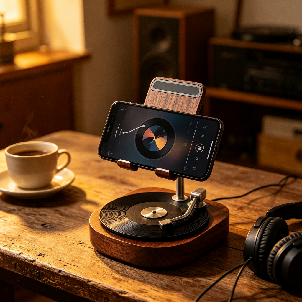 Vintage Turntable Wooden Phone Stand
