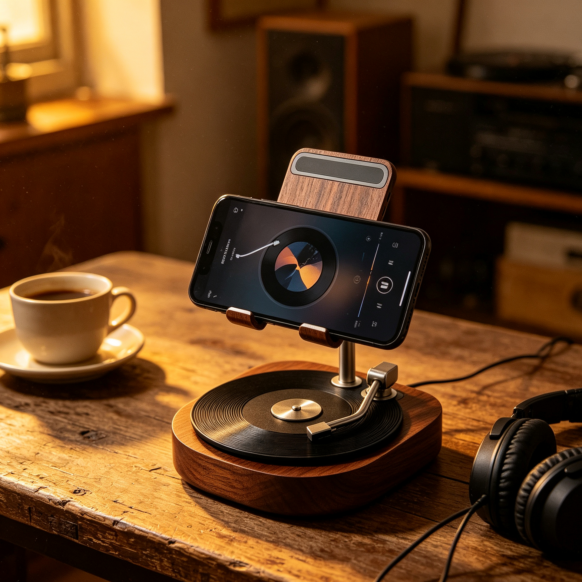 Vintage Turntable Wooden Phone Stand