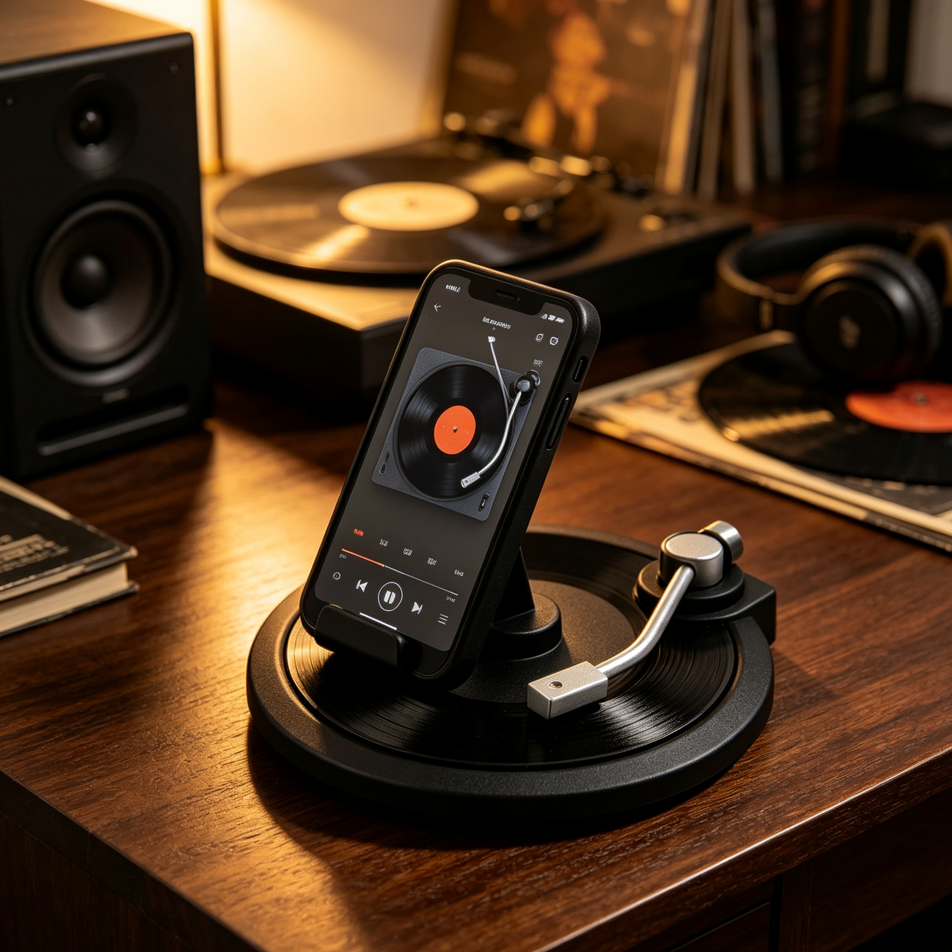 Black Turntable Shaped Phone Stand