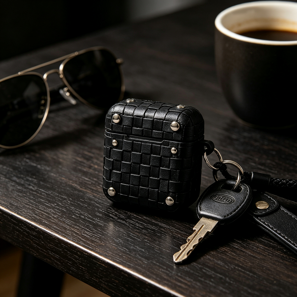 Black Woven Rivet Earphone Case with Fabric Wrist Lanyard