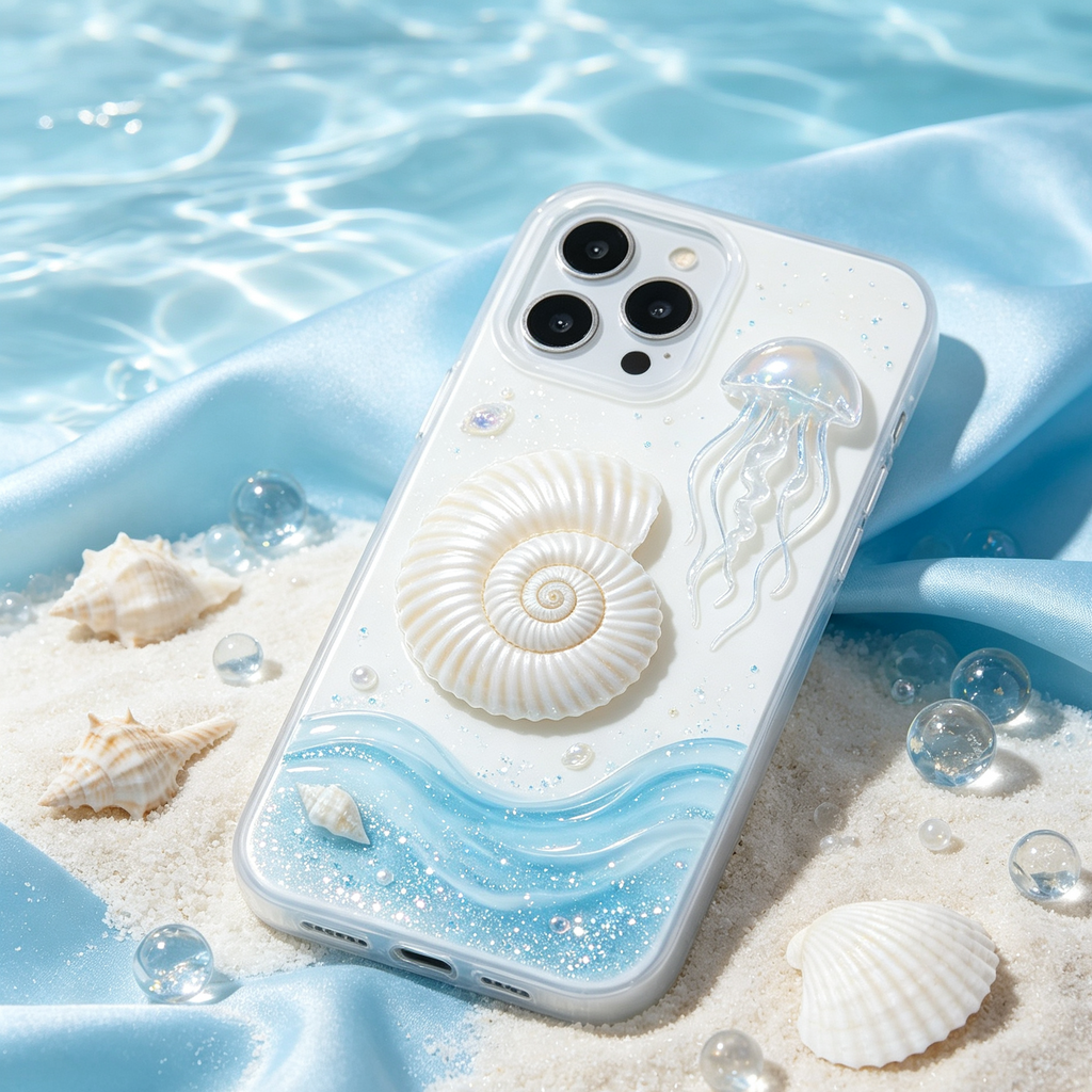 3D Ocean Jellyfish Conch Glitter Phone Case