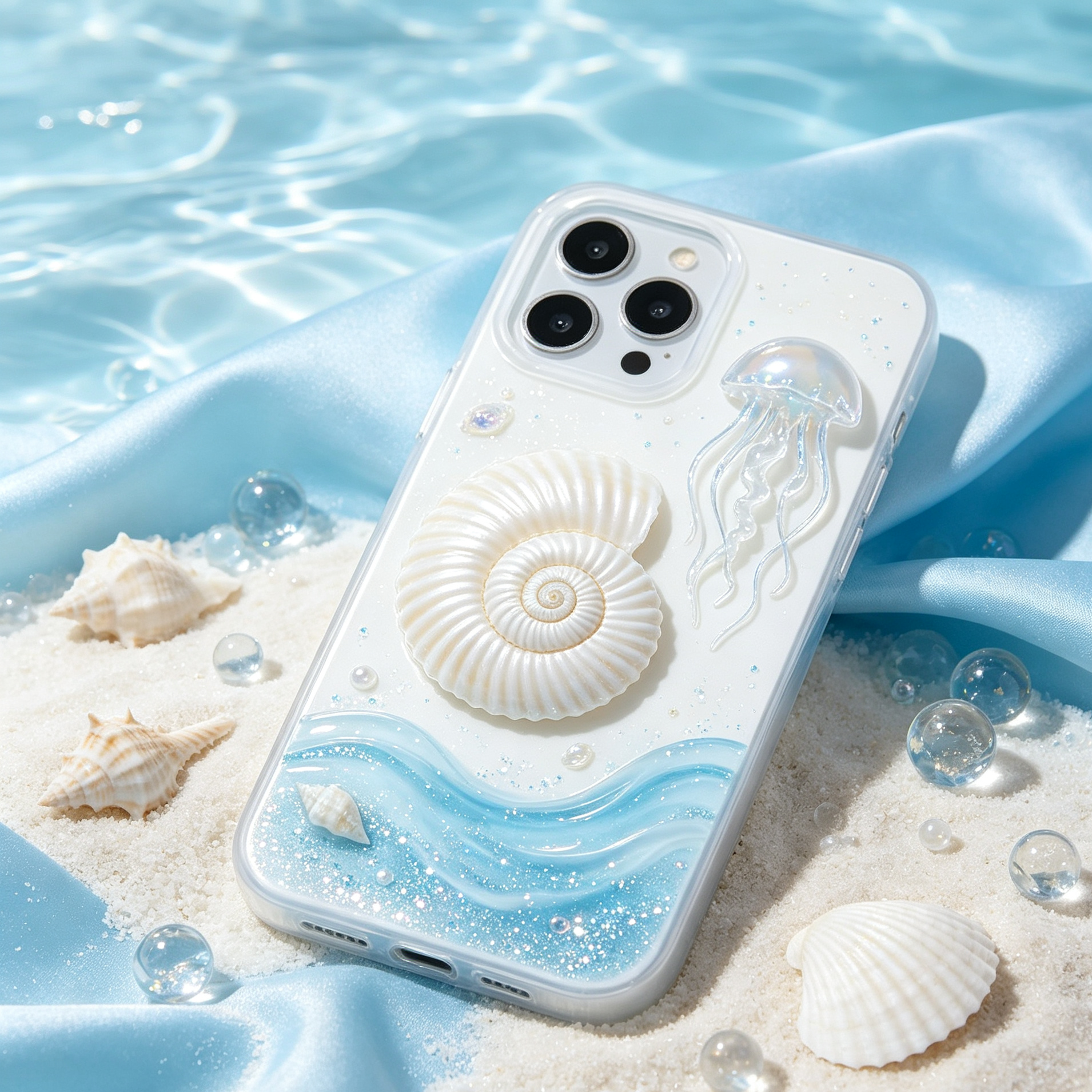 3D Ocean Jellyfish Conch Glitter Phone Case