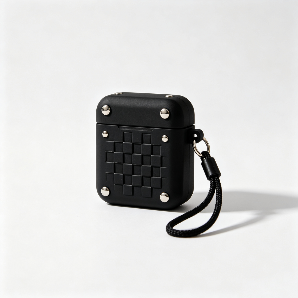 Black Woven Rivet Earphone Case with Fabric Wrist Lanyard
