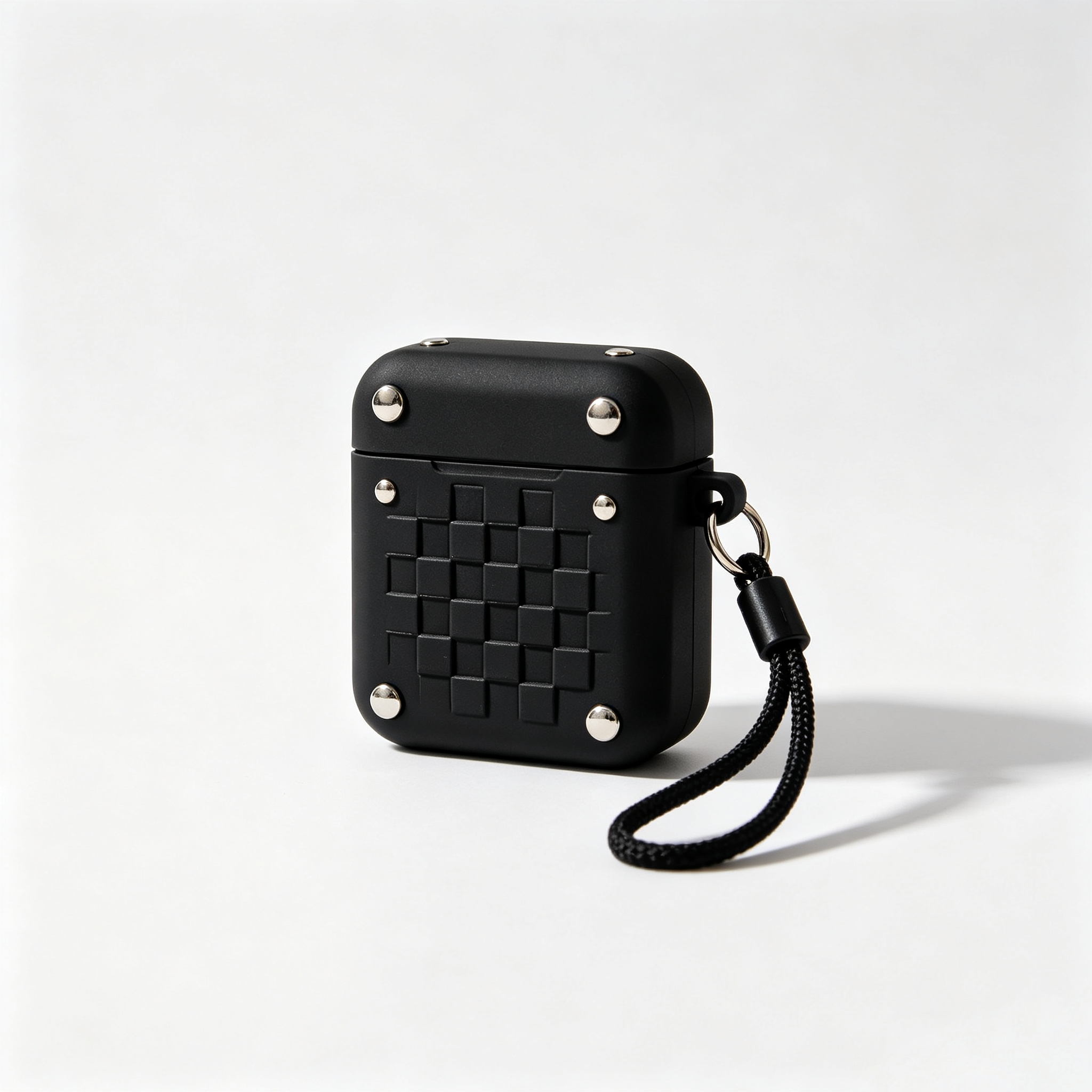 Black Woven Rivet Earphone Case with Fabric Wrist Lanyard