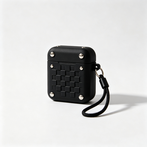 Black Woven Rivet Earphone Case with Fabric Wrist Lanyard