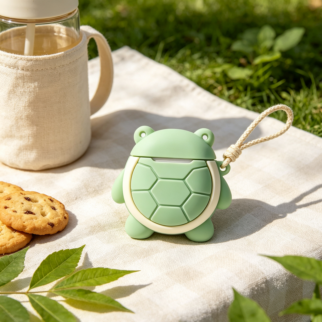 Green Turtle 3D Silicone Earbud Protector with Cotton Rope Lanyard