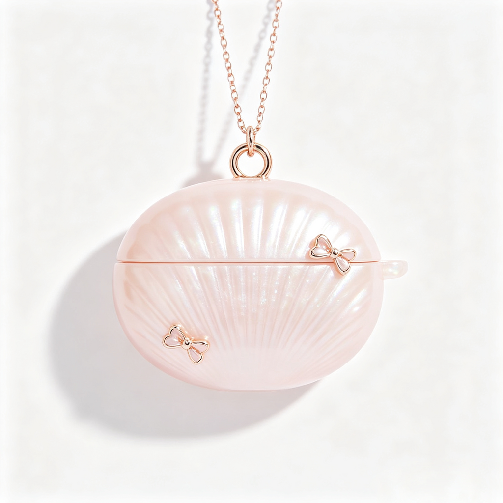Pink Shell Bow Earbud Case with Necklace Chain Lanyard