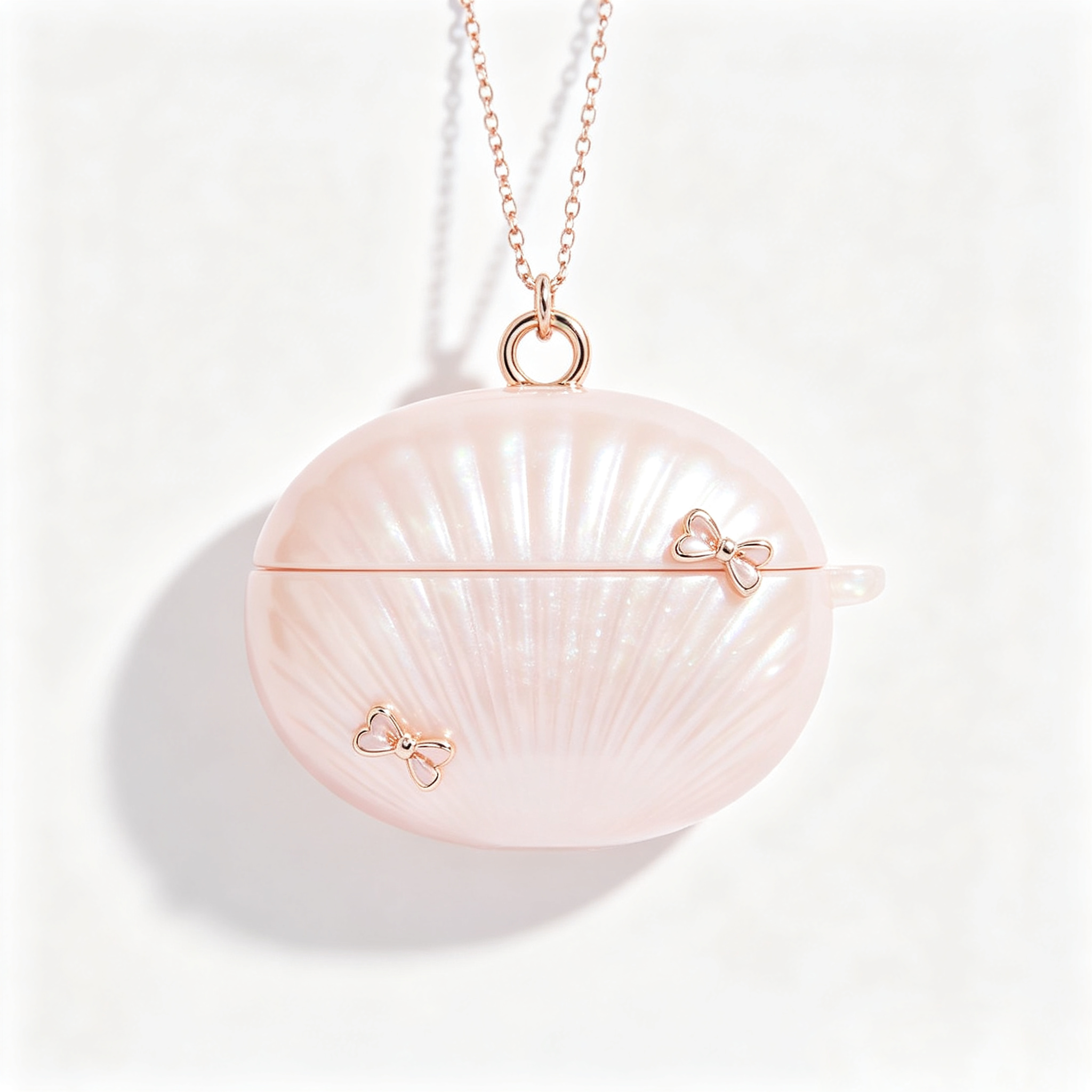 Pink Shell Bow Earbud Case with Necklace Chain Lanyard