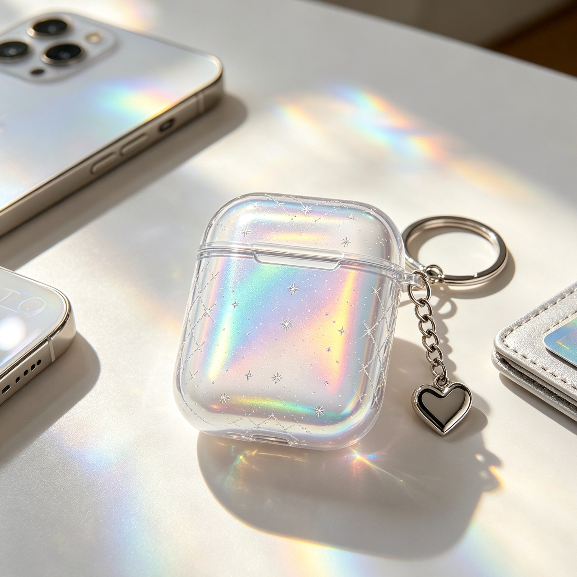 Holographic Glitter Clear Earbud Case with Heart Charm Pendant