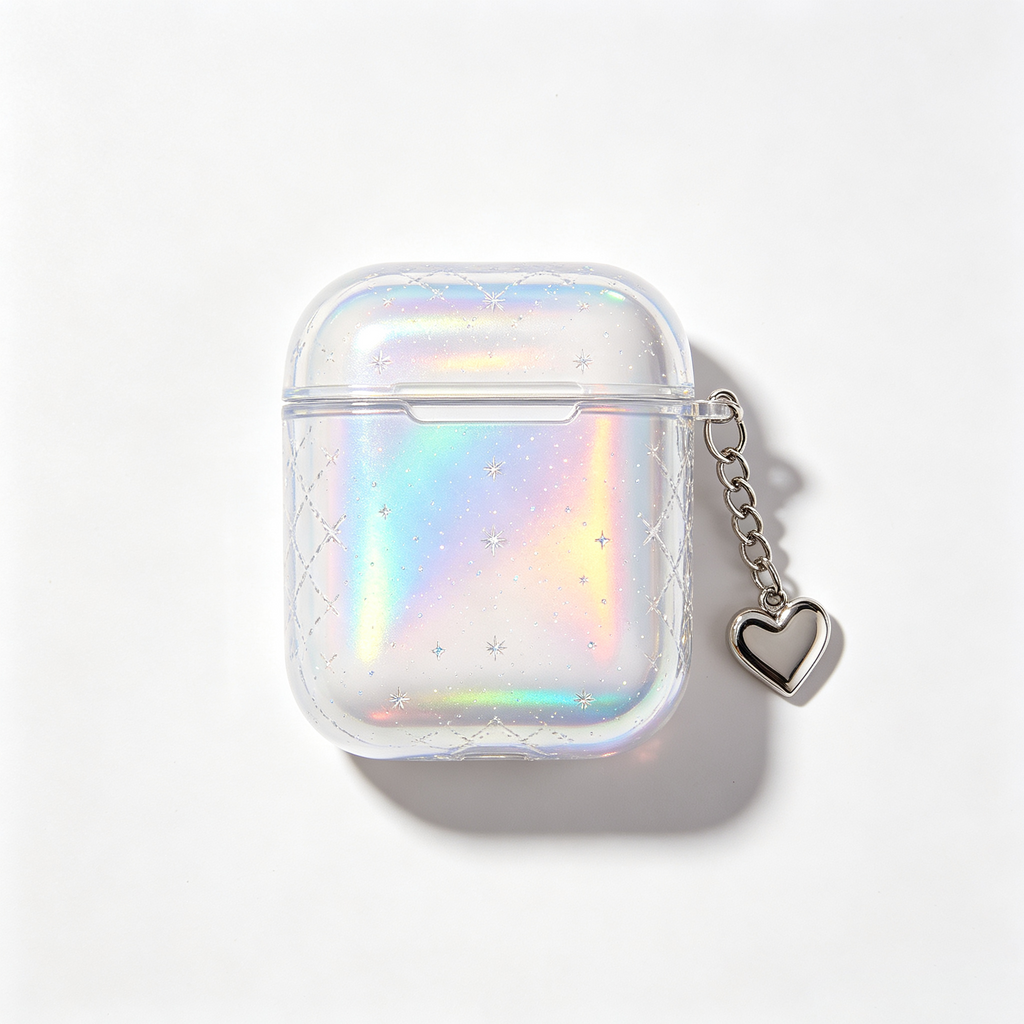 Holographic Glitter Clear Earbud Case with Heart Charm Pendant