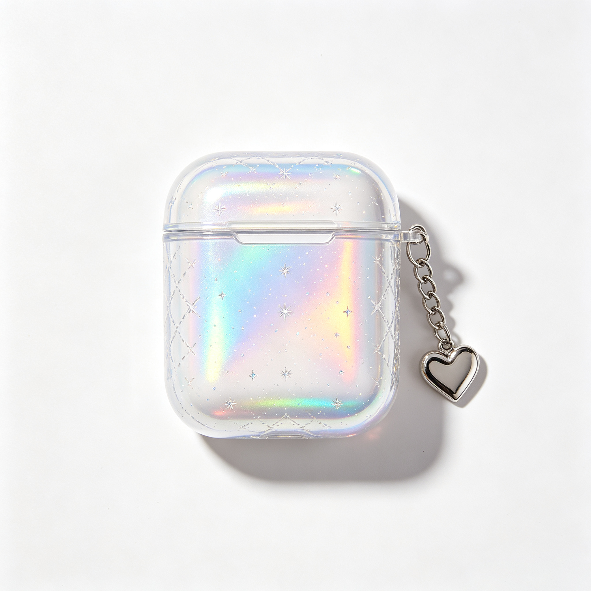 Holographic Glitter Clear Earbud Case with Heart Charm Pendant