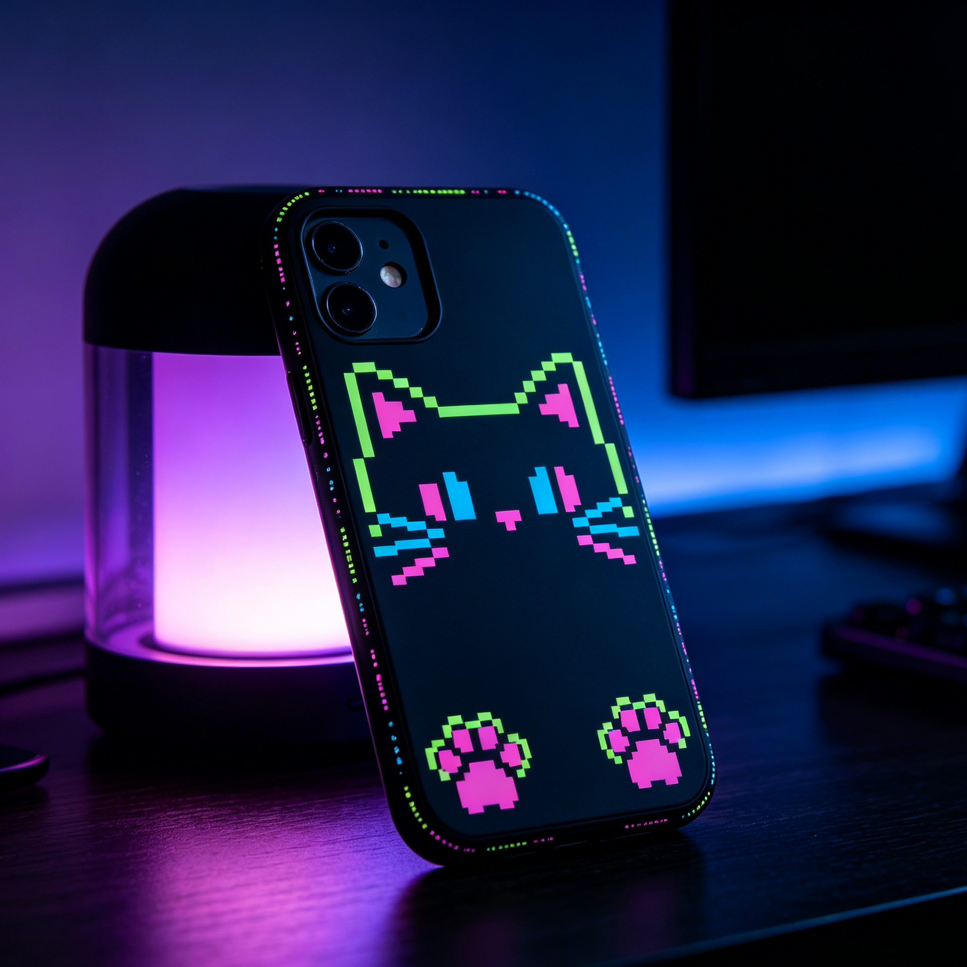 Pixel Art Neon Black Cat Phone Case