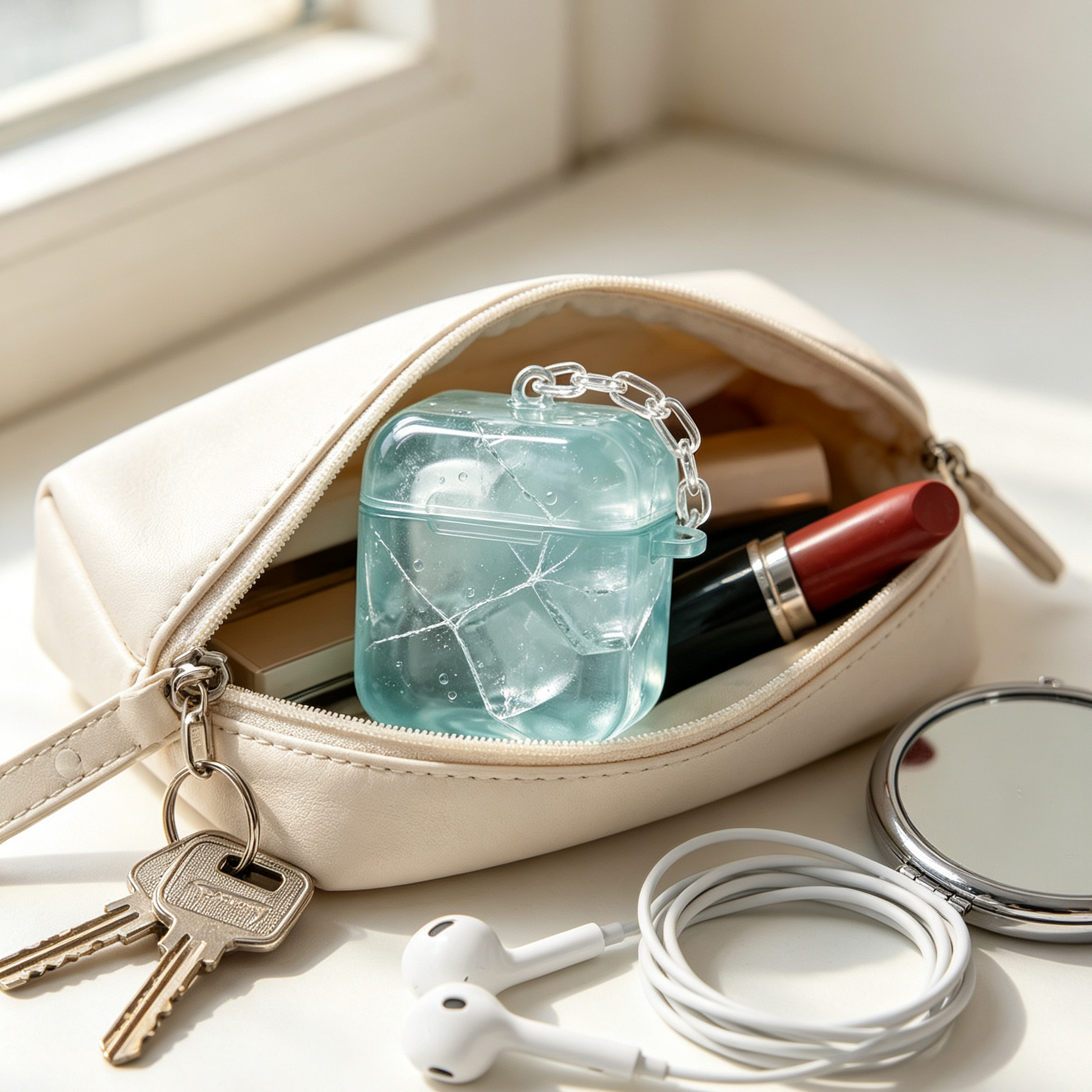 Mint Ice Cube Clear TPU Earbud Case With Chain